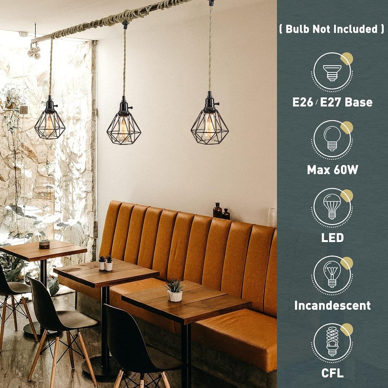 KENMI 3-Light Hanging Light with Plug in Cord,Plug in Pendant Light 22ft Hemp Rope Pendant Lighting Vintage 3-Light Hanging Lamp Fixtures for Kitchen Island Living Room Bedroom - Image 3